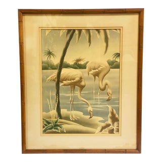 1940s Tropical Drinking Flamingo Scenic Print, Framed by Billy Seay for Turner For Sale
