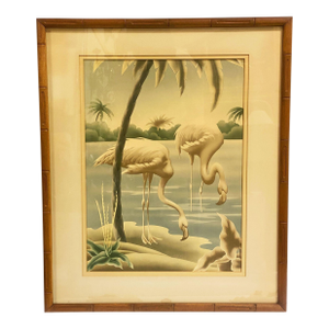 1940s Tropical Drinking Flamingo Scenic Print, Framed by Billy Seay for Turner
