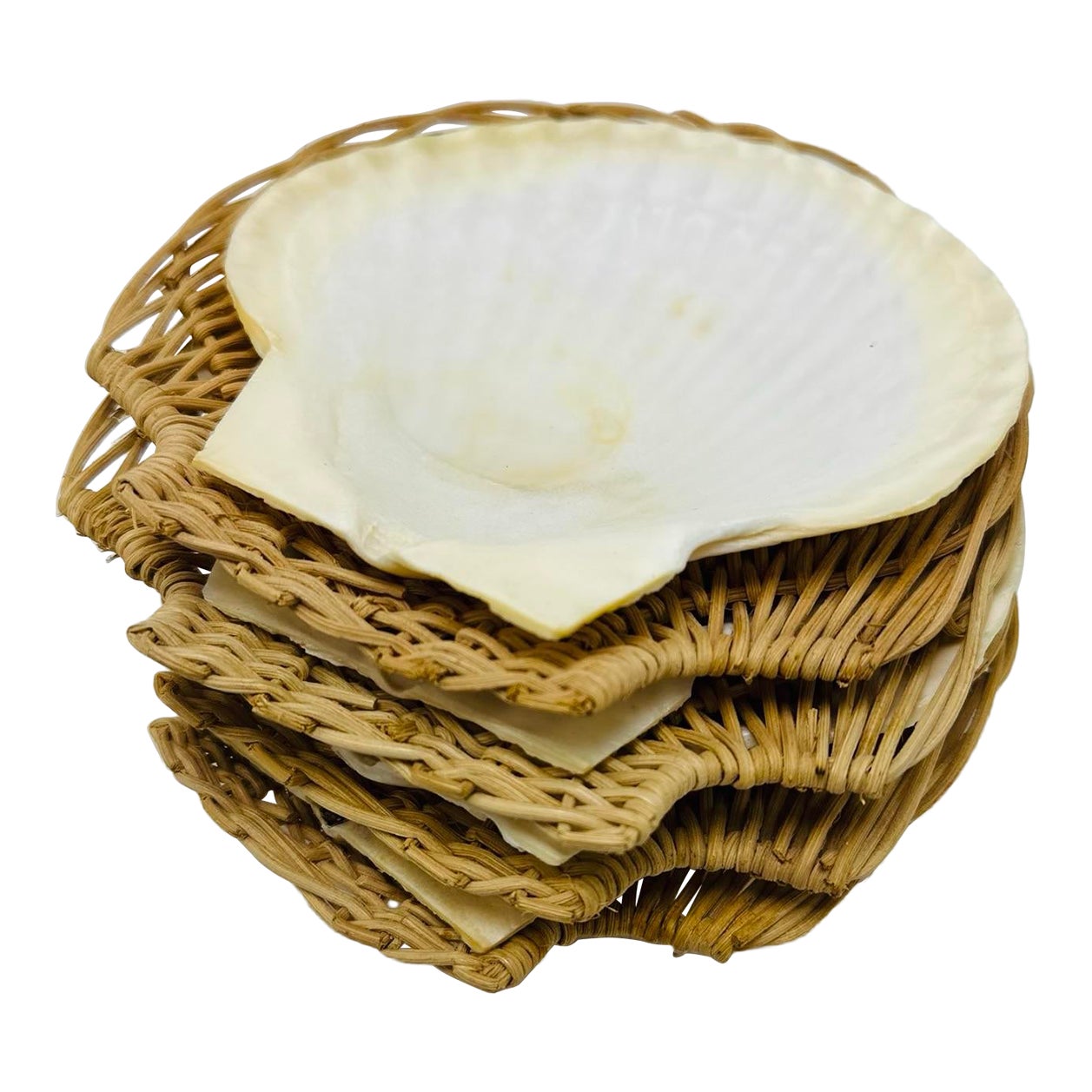 Vintage Shell and Wicker Serving Pieces | Chairish