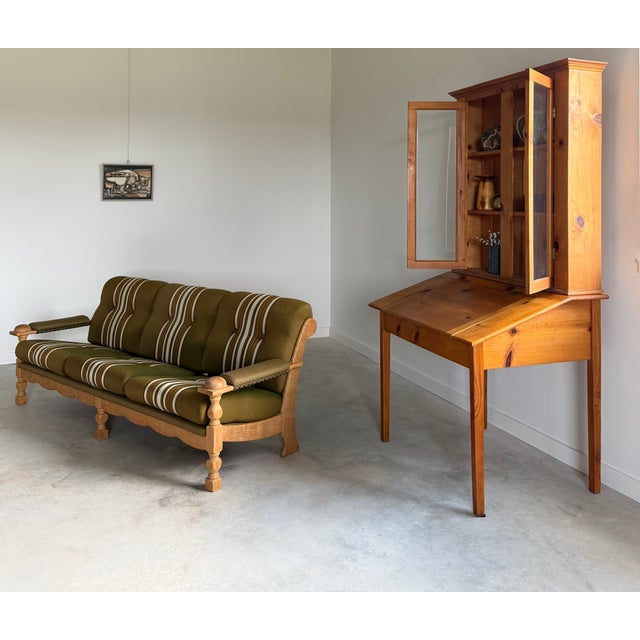 Wood Scalloped Carved Turned Danish Oak Henning Kjærnulf Style Sofa Couch Olive Wool For Sale - Image 7 of 16