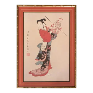 Mid 20th Century XL Shōwa Era "Lady With a Puppet", Japanese Ukiyo-E Print, Framed