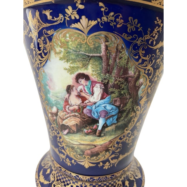 Mid 20th Century Large Vintage Limoges France Cobalt Blue Gold Courting Couple Handpainted Urn For Sale - Image 5 of 11