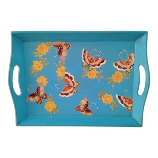 1970s Turquoise Blue Wood Butterfly Design Decorative Tray For Sale