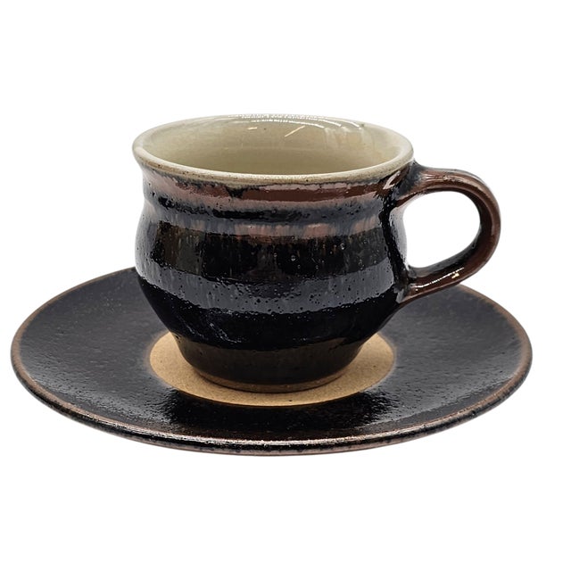 Vintage Japanese Studio Pottery Demitasse Set, Black Glazed Cups & Saucers With Box For Sale - Image 4 of 12