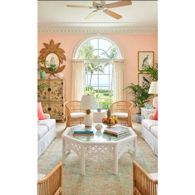 1970s Vintage White Gloss Octagonal Lattice Glass Top Regency Coffee Table For Sale - Image 5 of 6