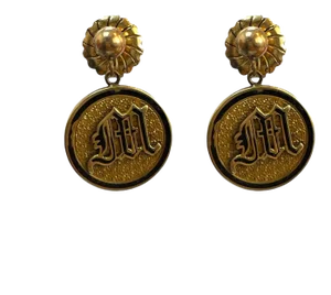 Vintage Cameo "M M" Enamel 14k Yellow Gold Earrings - 2 Pieces