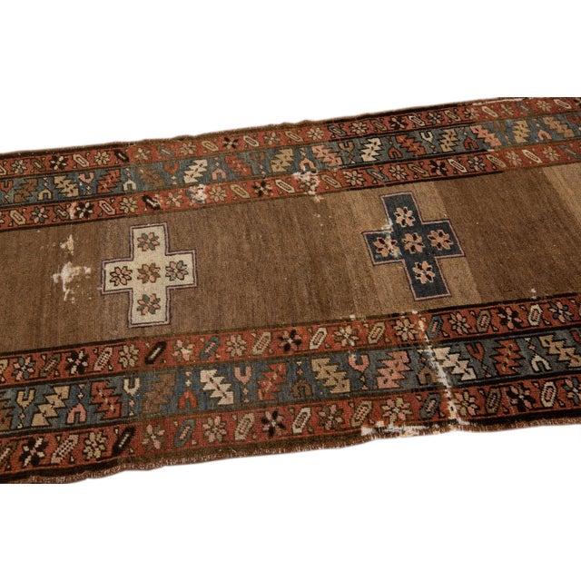 Antique Serab Brown Handmade Distressed Wool Runner For Sale - Image 9 of 10