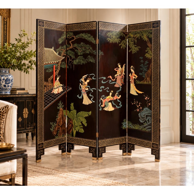 An elegant vintage Chinese Chinoiserie four-panel folding screen featuring beautifully detailed figural scenes against a...