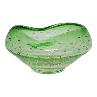 Vintage MCM Kreiss Art Glass Green Controlled Bubble Molded Bowl Dish For Sale