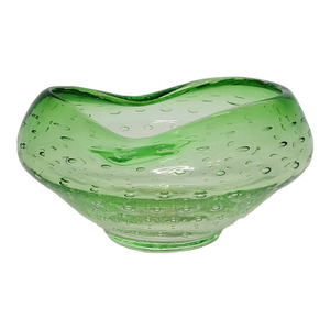 Vintage MCM Kreiss Art Glass Green Controlled Bubble Molded Bowl Dish