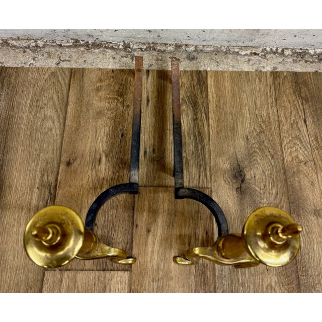 Metal Vintage Brass and Iron Andirons Fire Dogs With Claw Feet For Sale - Image 7 of 7