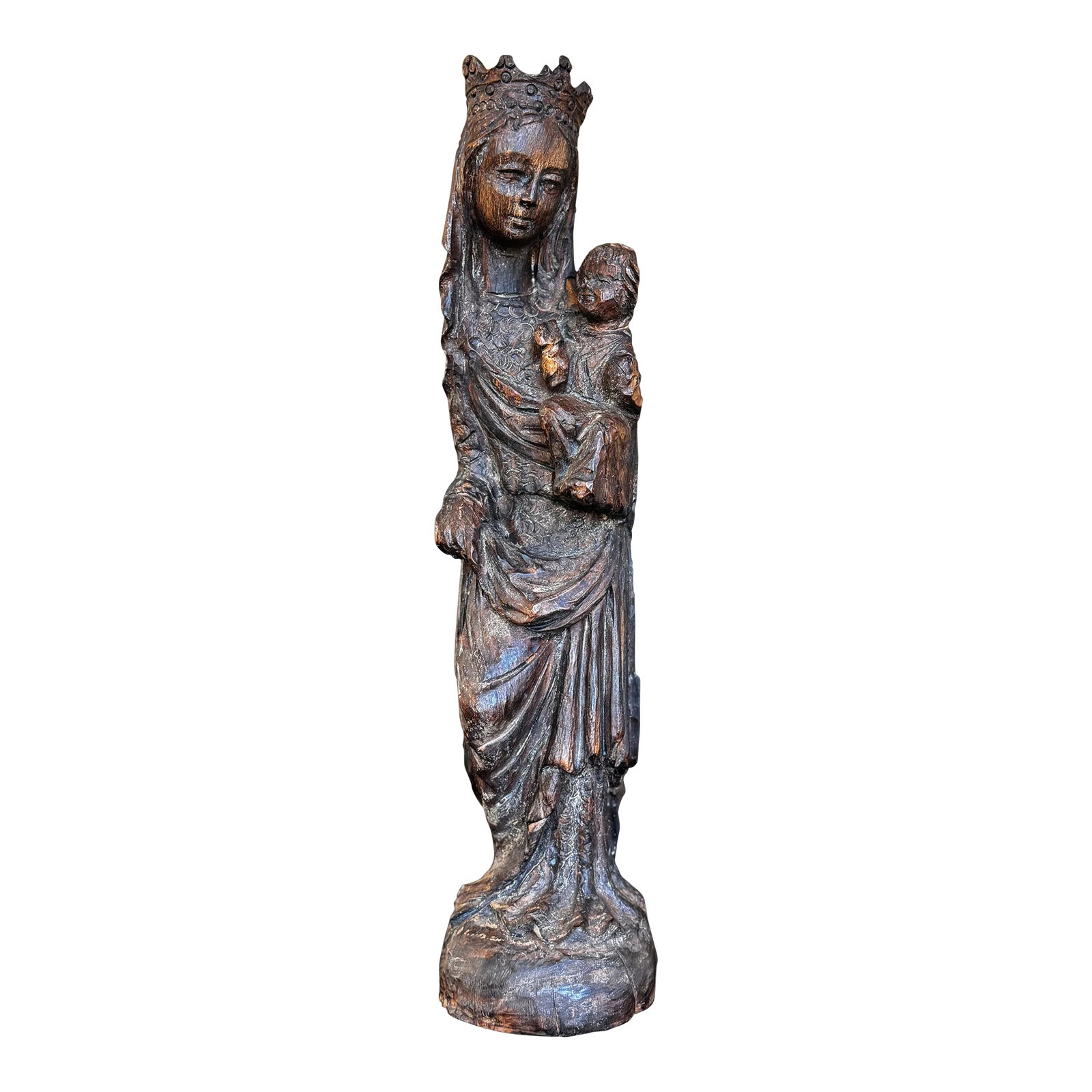 Early 20th Century Carved Wood Mary and Child in Medieval Style | Chairish
