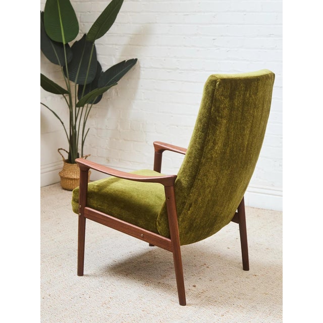 Mid 20th Century Mid 20th Century Styled After Solid Teak Westnofa Norway Olive Green Mohair Lounge Chair For Sale - Image 5 of 9