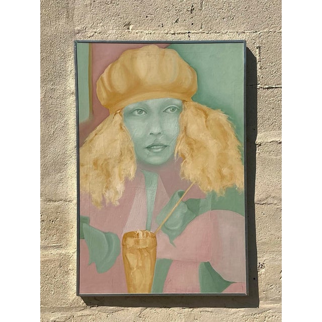 Celadon Mid 20th Century Vintage Boho Original Oil Painting on Canvas For Sale - Image 8 of 8