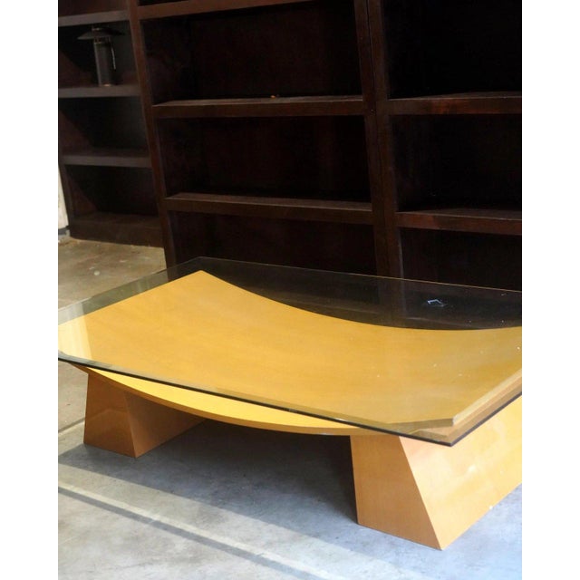 Postmodern Vintage Italian Glass-Wood CoffeeTable | Postmodern 1970s Style | Sculptural Tempered Glass For Sale - Image 3 of 6
