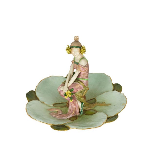 Ernst Wahliss, Art Nouveau Sculpture of Figural Tray with Maiden & Lily Pads, 1890s-1910s, Porcelain For Sale - Image 5 of 11