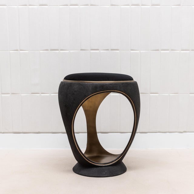 Metal Velvet Upholstered Stool With Black Shagreen and Bronze Patina Brass by R&y Augousti For Sale - Image 7 of 7