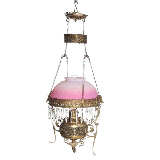 Victorian Late 19th Century Victorian Brass, Bronze & Crystal Chandelier With Peachblow Hobnail Glass Shade For Sale - Image 3 of 17