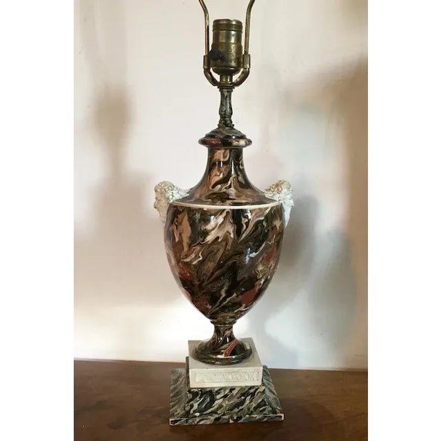 Antique 18th c. Wedgwood & Bentley creamware urn with Bacchus head handles now mounted as a table lamp. The vase decorated...