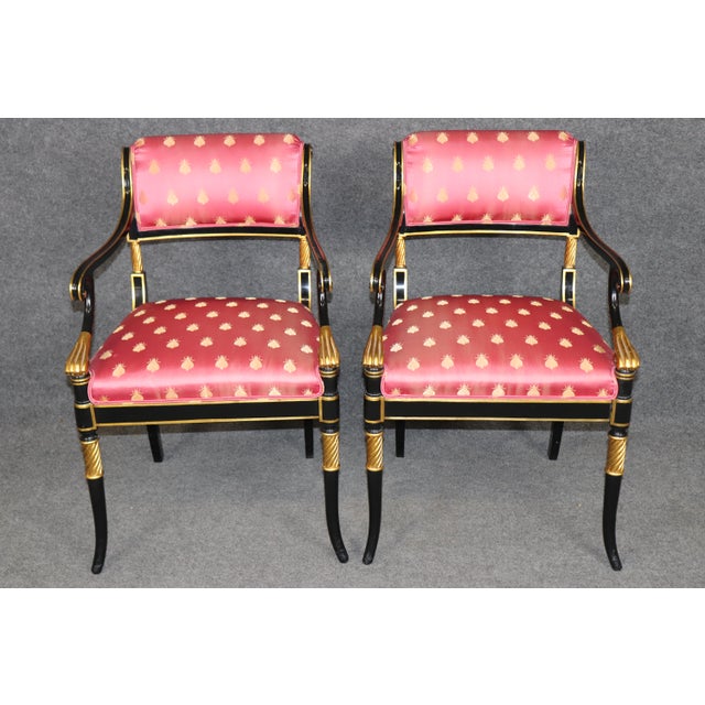 1960s Pair of Hollywood Regency Style Ebonized & Gilt Armchairs by Karges For Sale - Image 5 of 14
