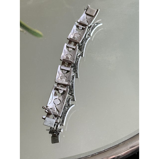 1920s Art Deco 935 Silver Panel Bracelet With Marquise Style Glass Stones For Sale - Image 4 of 13