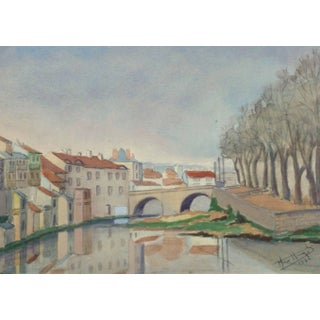 Vintage French Watercolor Landscape - Pont Du Buis Bridge (Aurillac, France) For Sale