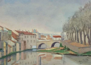 Vintage French Watercolor Landscape - Pont Du Buis Bridge (Aurillac, France)