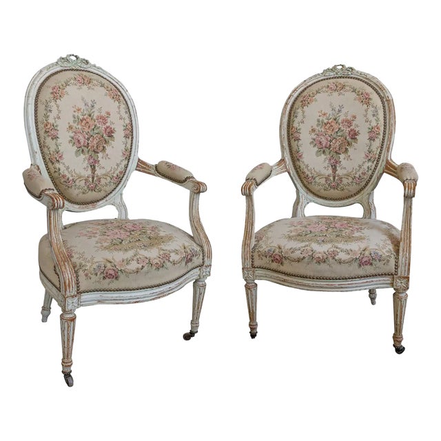 Pair of French 19th C. Louis XVI Style Armchairs in Petit Point Fabric For Sale