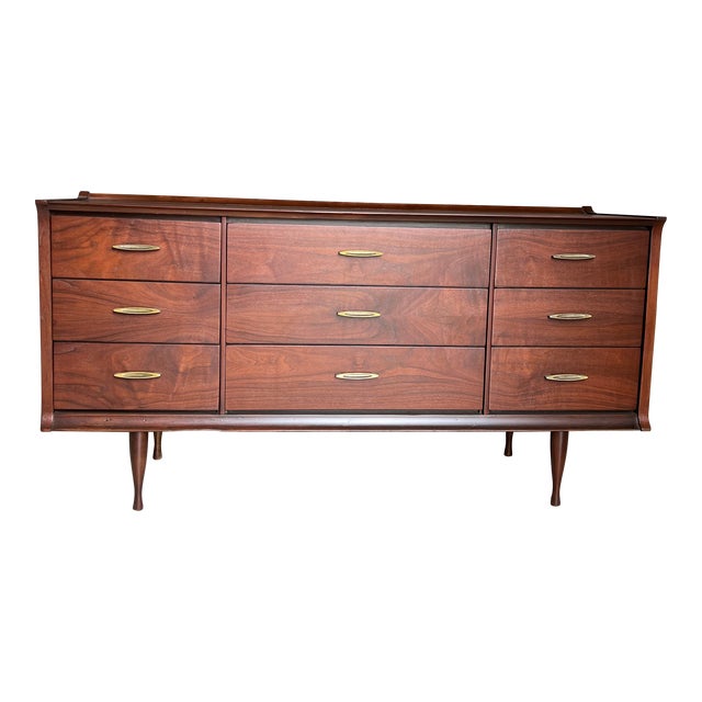Mid Century Brass and Walnut Nine Drawer Dresser For Sale