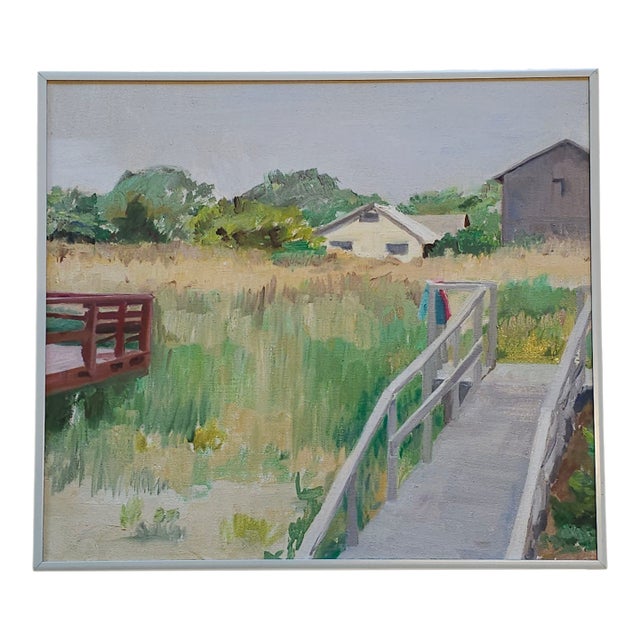 Late 20th Century Coastal Boardwalk Oil Painting, Framed For Sale