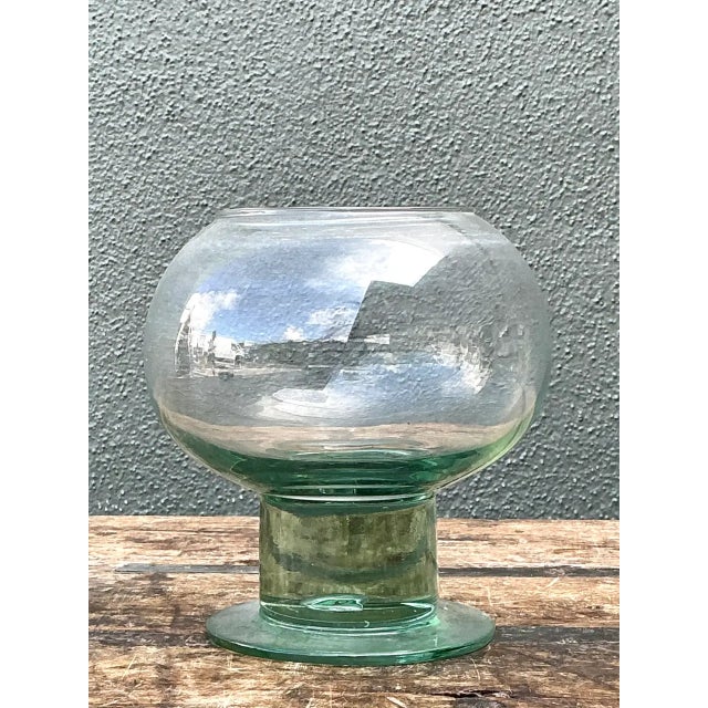 Glass Vintage Green Pedestal Glass Vase For Sale - Image 7 of 12