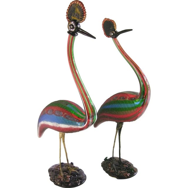 Metal Vintage Italian Tall Jewel-Like Red Blue Green White Glass Crested Bird For Sale - Image 7 of 10