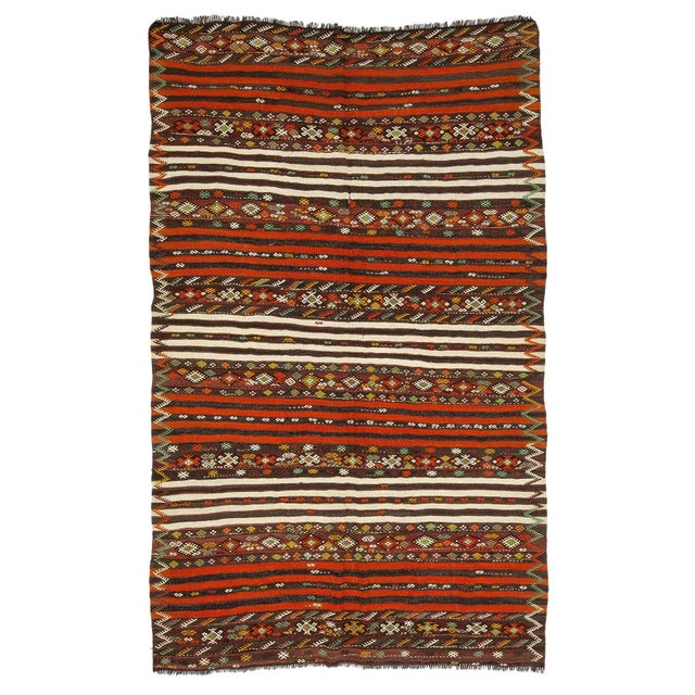 Textile Orange Striped Ebroidered Kilim Rug For Sale - Image 7 of 7