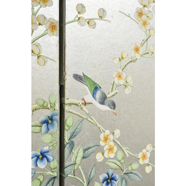 Vintage Chinoiserie Silver Leaf Birds Butterflies 4 Panel Screen Room Divider A For Sale - Image 11 of 15