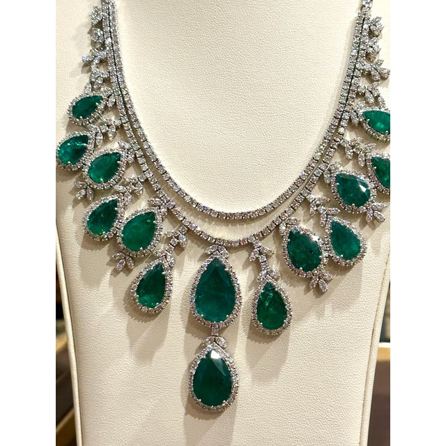 Gemstone Gia Certified 75 Ct Zambian Emerald & 30Ct Diamond Necklace Earring Bridal Suite For Sale - Image 7 of 8