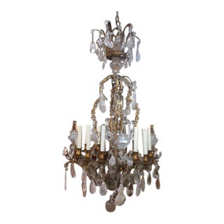 1900s French Rock Crystal Dore Bronze Chandelier For Sale