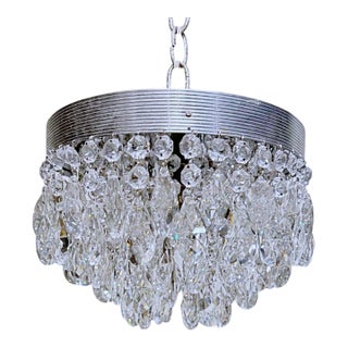 Vintage Mid-Century Modern Reeded Chrome Tiered Crystal Chandelier For Sale