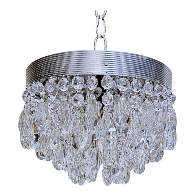 Vintage Mid-Century Modern Reeded Chrome Tiered Crystal Chandelier For Sale