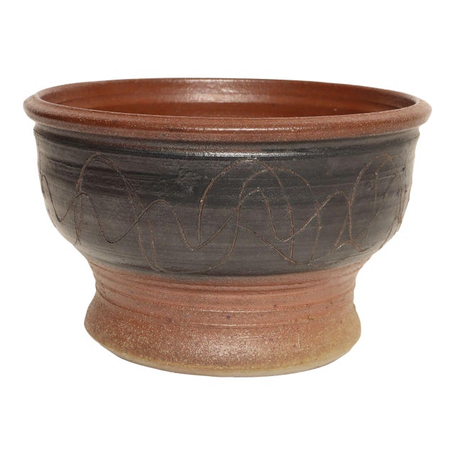Large Vintage Maroon and Charcoal Sgraffito Ceramic Planter by Deanna Nichols For Sale