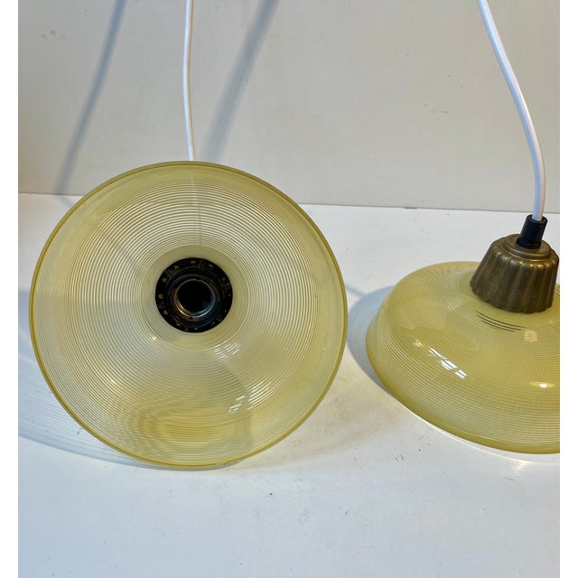 Metal Vintage Art Deco Brass and Striped Yellow Glass Pendant Lamps from Lyfa, 1940s, Set of 2 For Sale - Image 7 of 13