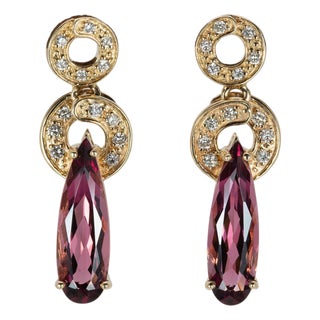 3.7Ct Rubellite Tourmaline Earrings With Natural Diamond Accents: Solid 14k Gold, A Pair For Sale