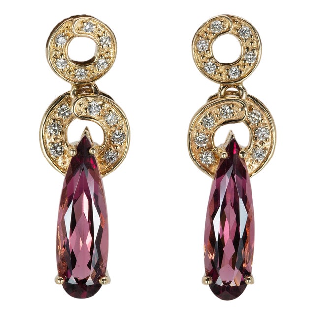 3.7Ct Rubellite Tourmaline Earrings With Natural Diamond Accents: Solid 14k Gold, A Pair For Sale