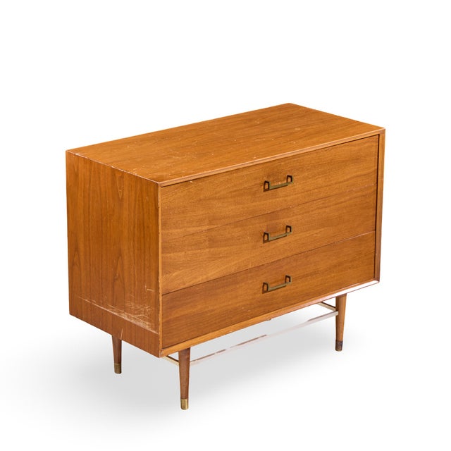 Wood Paul McCobb Style Furnette Mid Century Walnut and Brass Three Drawer Dresser For Sale - Image 7 of 7