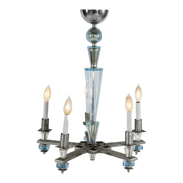 Art Deco Mid Century Modern Chrome & Aqua Blue Glass Five-Light Chandelier C1950 For Sale
