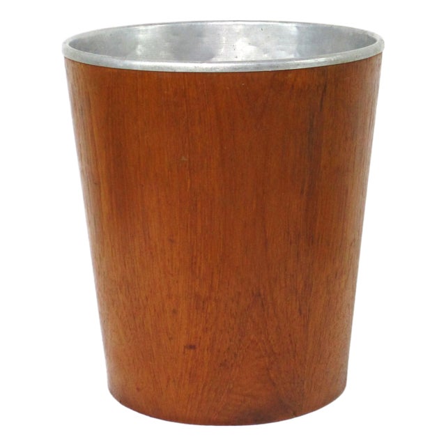 Mid Century Teak Aluminum Trashcan in the Style of Danish Modern For Sale