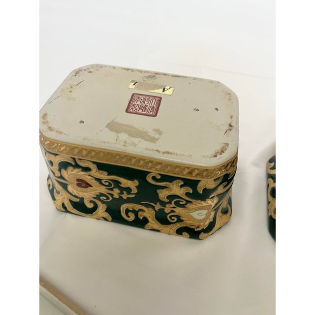 Green Vintage Green & Gold Chinoiserie Porcelain Boxes — Pair For Sale - Image 8 of 11