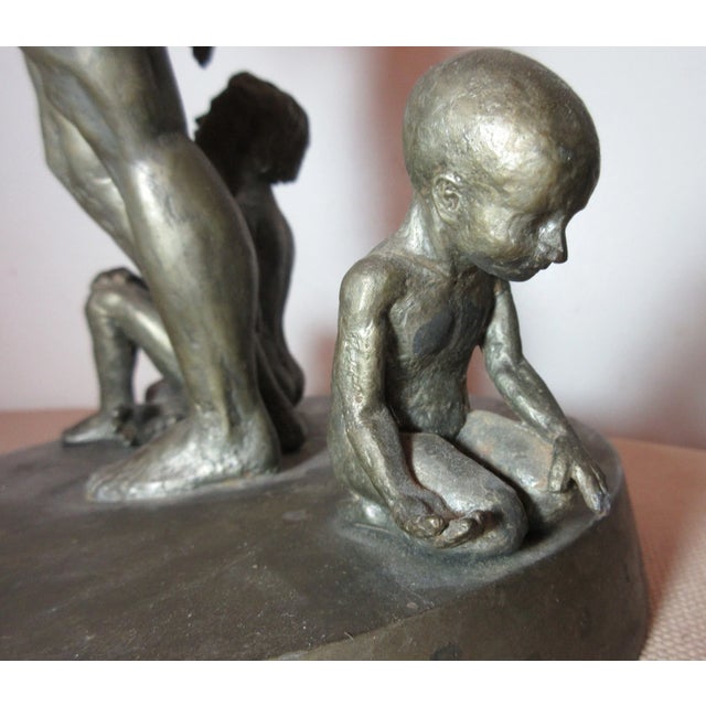 Vintage Original Handmade Signed Solid Lead Nude Lady Mom Children Figure Statue For Sale - Image 9 of 12