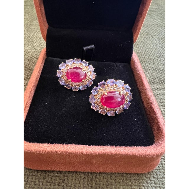 Bochic "Capri" Vintage Ruby & Multi Lavender Tanzanite Earrings Set 18K Gold & Silver For Sale - Image 17 of 18