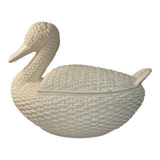 Cottage Chic White Wicker Ceramic Goose Tureen With Lid For Sale