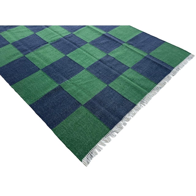 Casa Cosima Handmade Woolen Flat Weave Rug, Forest Green and Greyish Blue Checker Board Dhurrie - 5'x8' For Sale - Image 4 of 12